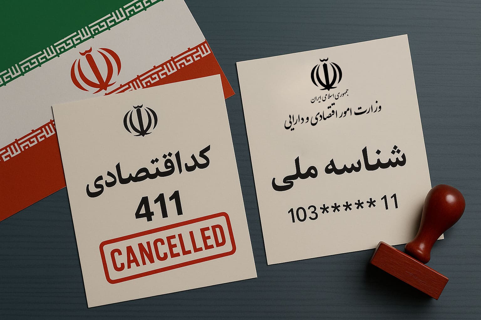 تصویر مفهومی حذف کد اقتصادی ۴۱۱ و جایگزینی آن با شناسه ملی در نظام مالیاتی ایران