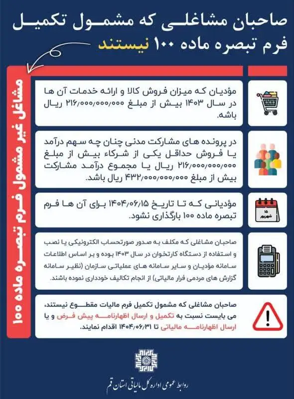 صاحبان مشاغلی که مشمول تکمیل فرم تبصره 100 نیستند.